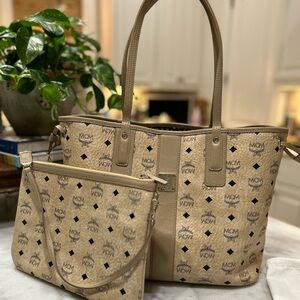MCM Medium Liz Visetos Reversible Tote in Beige